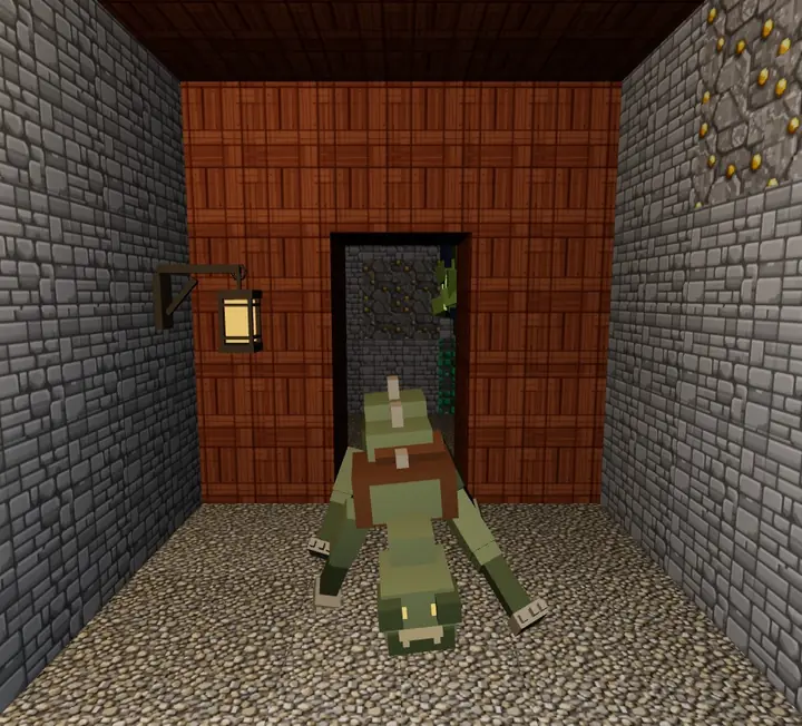 Galerie de mine en voxels : parois de pierre, plafond de planches, lanterne accrochée au mur, filon d'or dans la paroi de droite et un zombie Rampant qui avance au ras du sol.