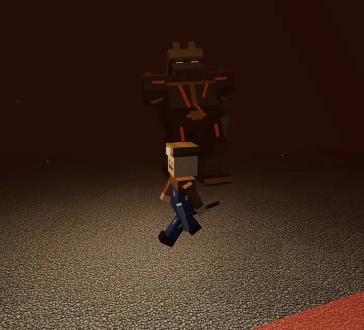 L'arène du niveau 100 : le mineur, pioche à la main, face au Roi de la Mine, colosse de voxels sombres aux fissures rougeoyantes, sur un sol de gravier baigné de lumière rouge.